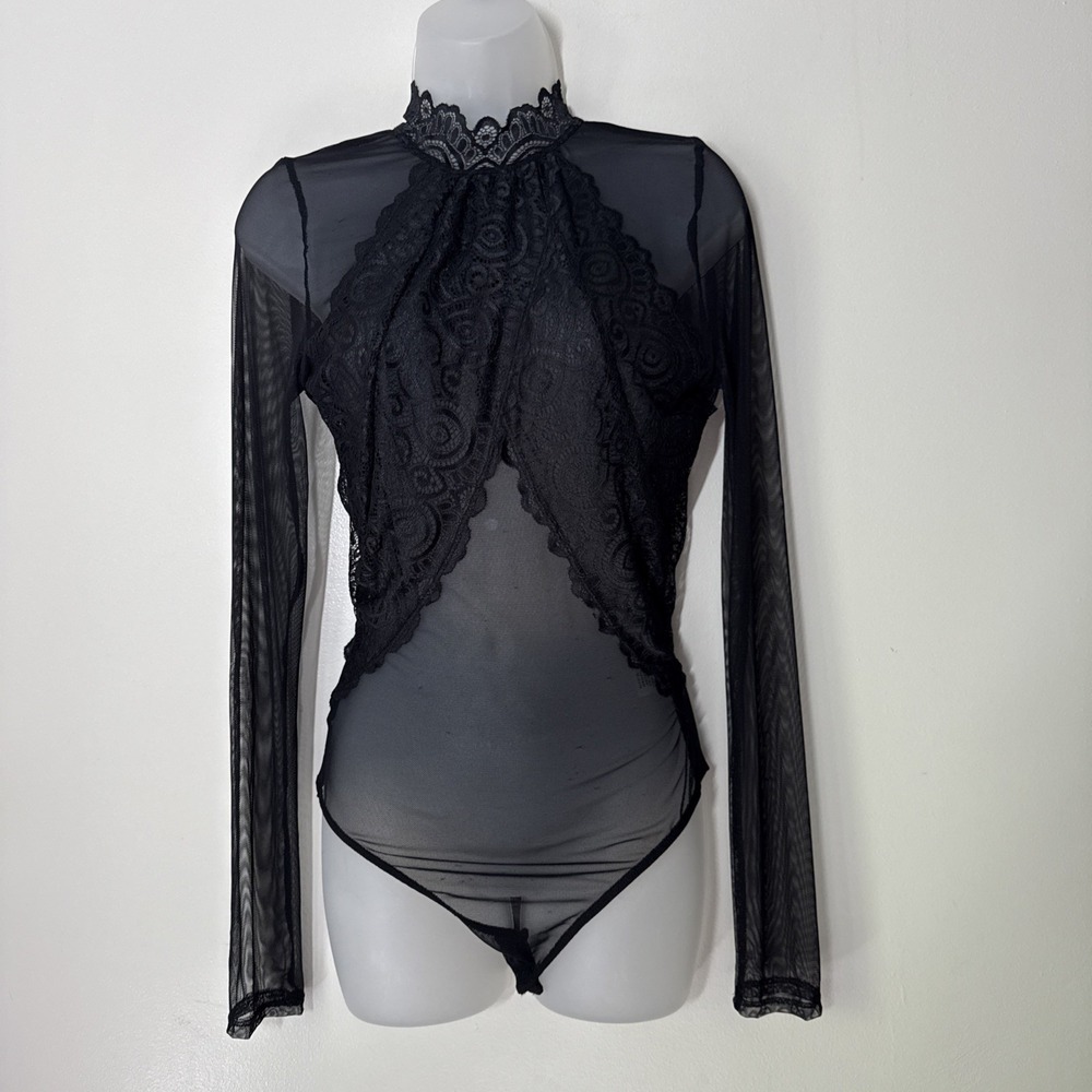 Lulus Show Stopping Black Sheer Lace Womens Size M Bodysuit Backless Whimsy
